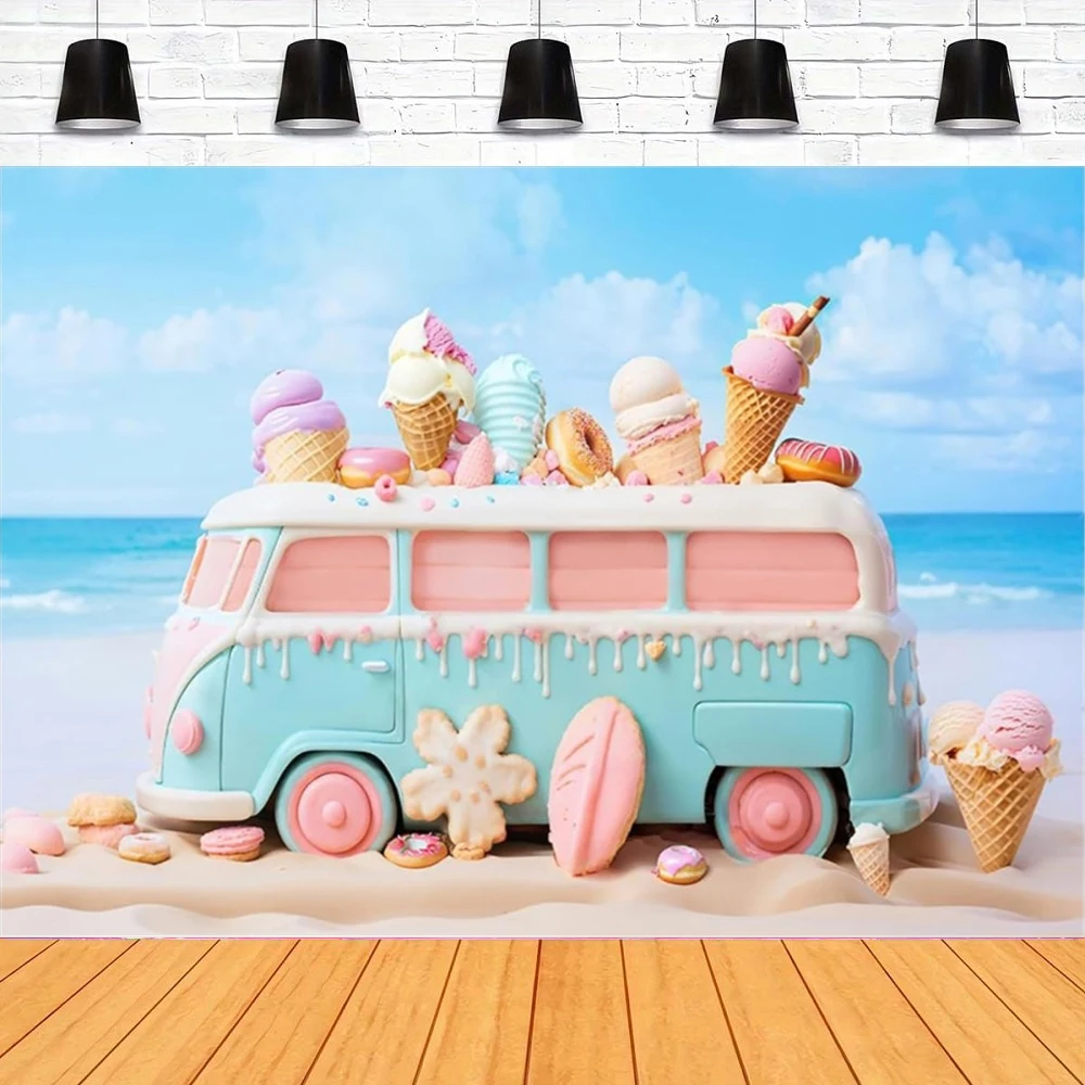 Photography Backdrop Summer Sweet Ice Cream Car Cake Smash Balloon Sky Background Kids Happy Birthday Party Decor Banner