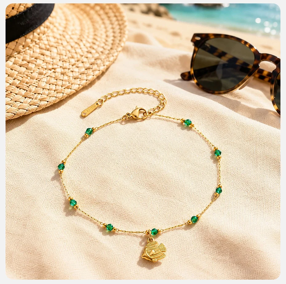 Vnox Bohemia Grüner Kristall Muschel Tropischer Fisch Anhänger Quasten-Fußkettchen für Damen, vergoldet, wasserdicht, Sommerurlaub Fußschmuck – Detail 9