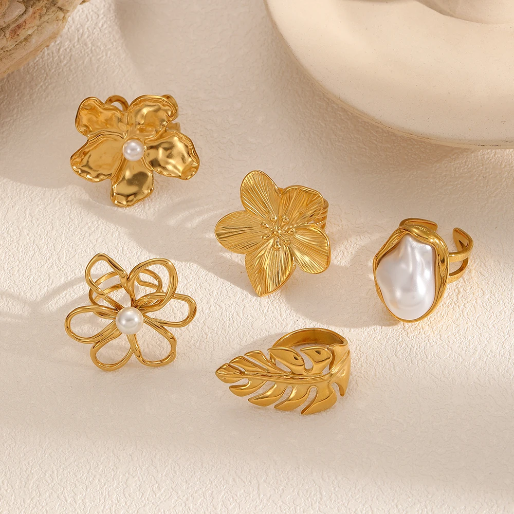 Persönliches Design, Edelstahl, hohle Blumen- und Blattmuster, offene Ringe für Damen, rostfrei, trendiger Schmuck, Accessoires, Geschenke. – Detail 2