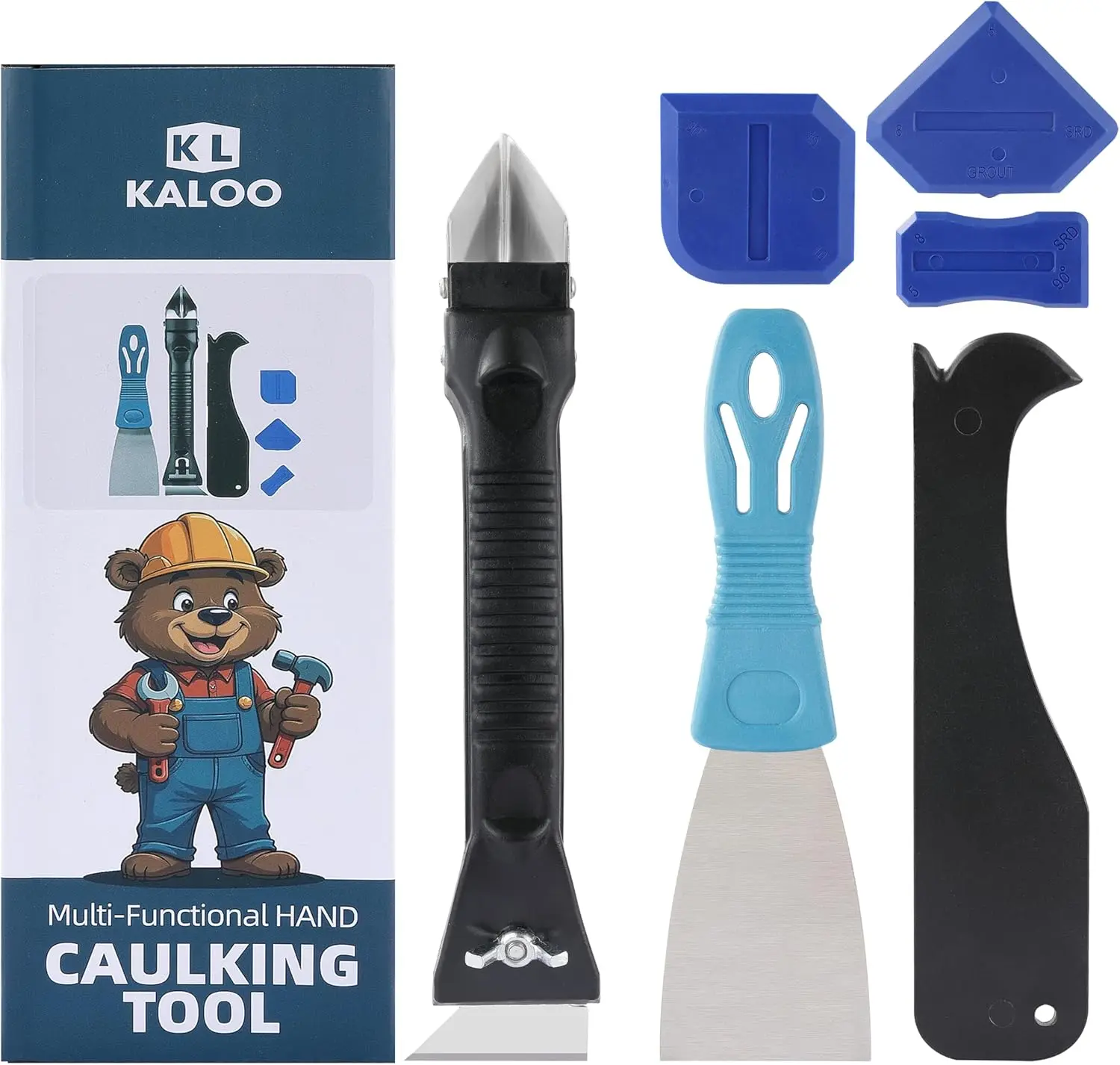 

5-in-1 Silicone Caulk Remover Tool Kit, Grout Removal & Smoothing Tool, Stainless Steel Scraper, 3 Corner Scrapers for Kitchen Sink Bathroom Window Frame