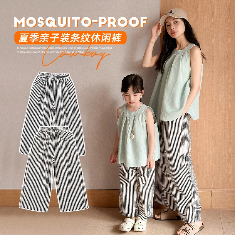 

Mom and Daughter Matching Summer Pants Mother and Son Striped Trouser Korean Mommy and Me Cotton Linen Clothes for Parent-child