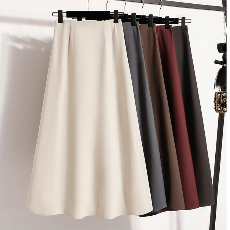 Korean Style Solid Color High Waist Elastic Waist Women A Line Skirts Daily Wear 2026 Spring Autumn New Elegant Versatile Skir
