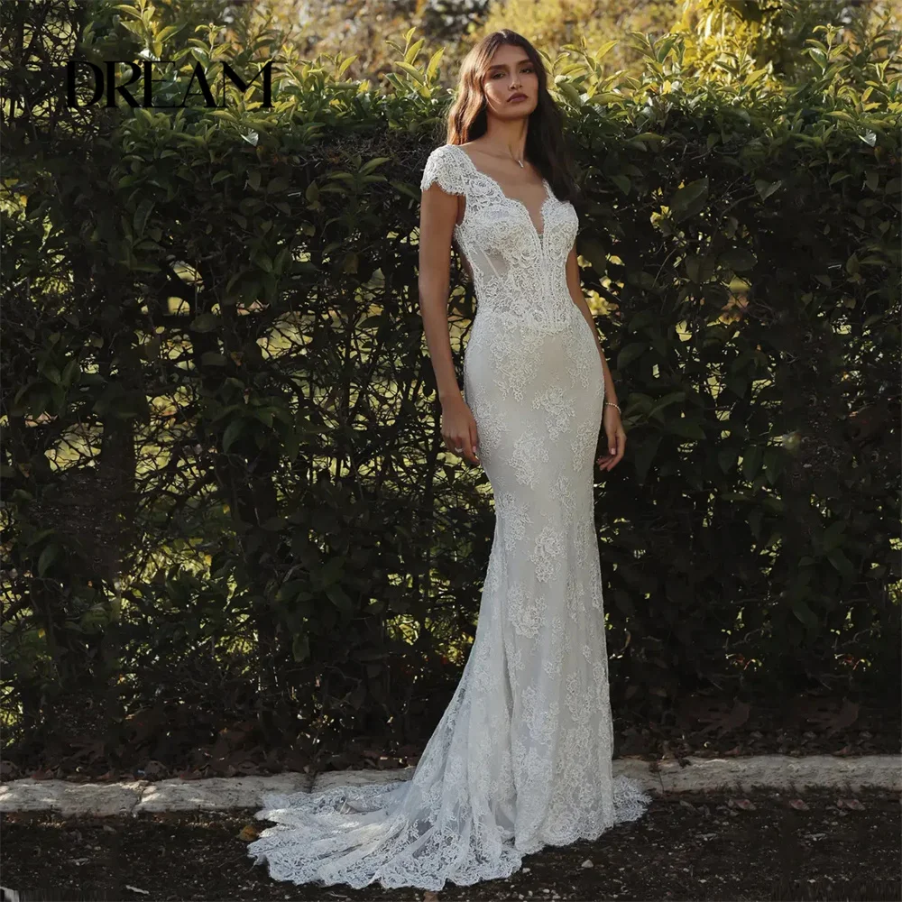 DREAM Luxury Lace Mermaid Wedding Dresses Women Cap Sleeve V-Neck Sweep Train Open Back Bridal Gown Vestido De Noiva Customized