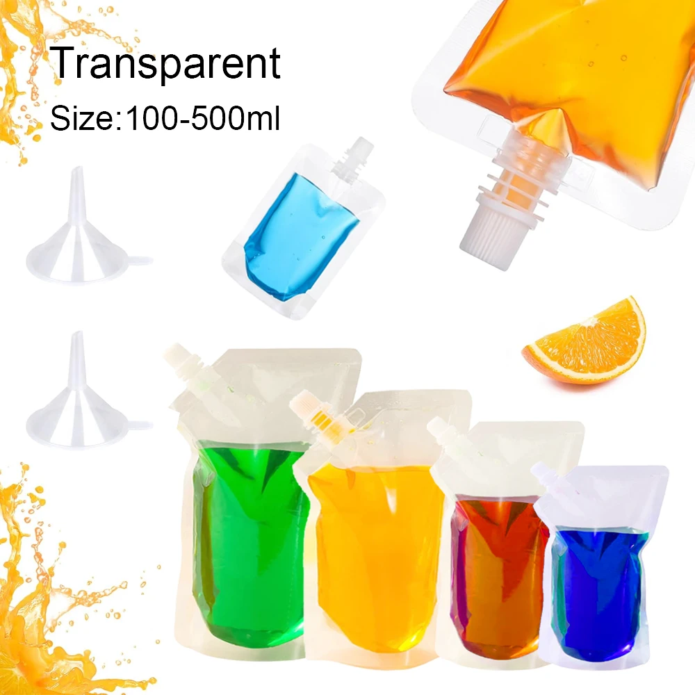 10 Stück 100–500 ml Stand-Up-Auslaufbeutel, transparente, auslaufsichere Getränkebeutel aus Kunststoff, wiederverschließbare Aufbewahrungstasche für Saftgetränke für Reisen