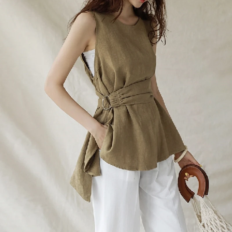 Summer O Neck Sleeveless Shirts with Belt Elegant Cotton Linen Blouse Women Casual Tops Fashion Solid Loose Clothes Blusas 27938