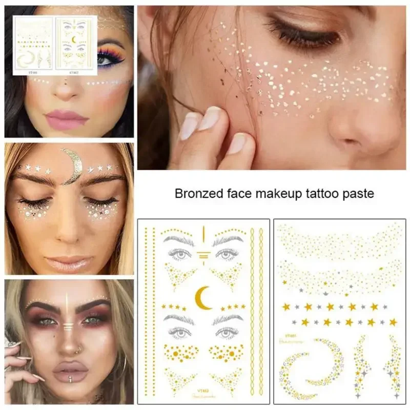 Adesivo abbronzante oro glitterato per trucco viso dimensioni miste stella luna forma oro argento istantaneo Lentiggini tatuaggio temporaneo RA015