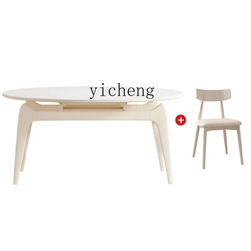 

Tqh Cream Style Stone Plate Retractable Dining Tables and Chairs Set Square round Solid Wood Rice Table