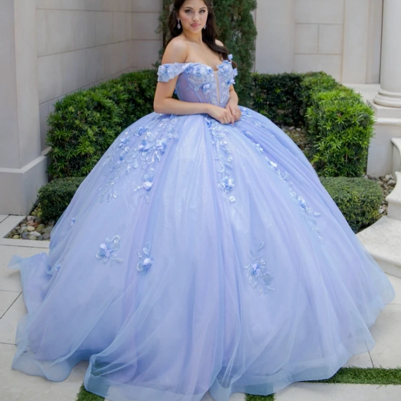 

Light Blue Shiny Ball Gown Quinceanera Dresses Off The Shoulder Applique Flower Beads Lavender Lining Party Birthday Sweet 16