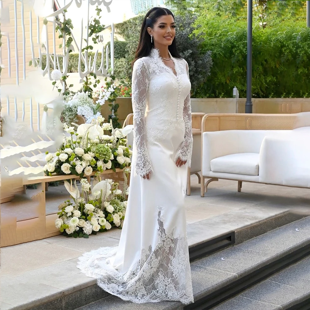 

Elegant White Wedding Dresses High Neck Long Sleeves Civil Bride Dress Lace Appliques Bridal Gown Customized vestidos de novia