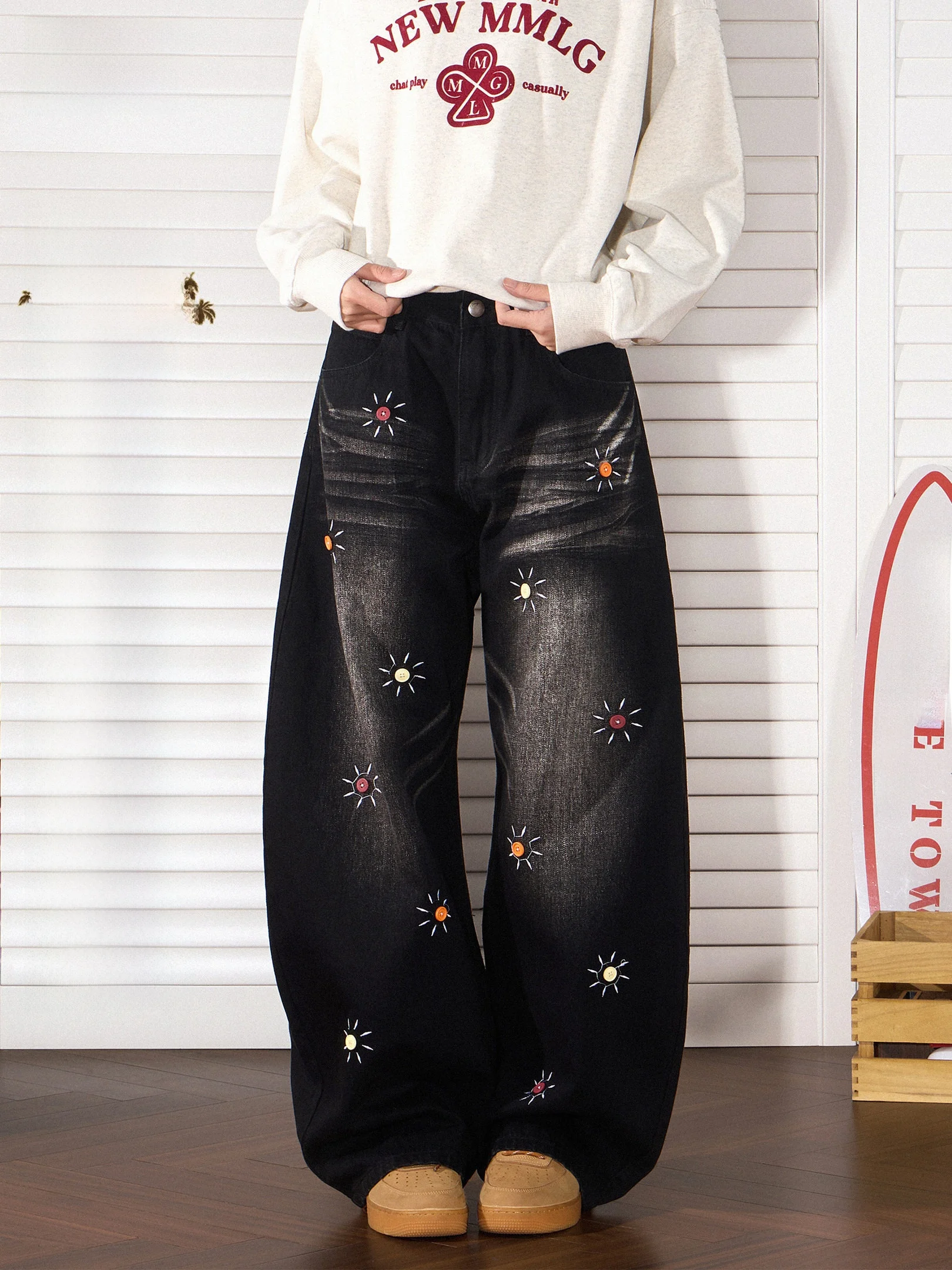 

Женские прямые джинсы Beetle Town, джинсовые брюки на пуговицах, осенние широкие длинные брюки, забавный дизайн, свободная талия...