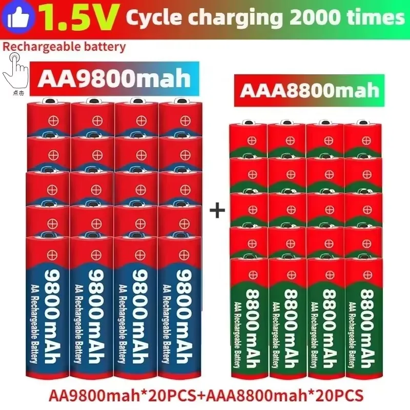 Inteligentna ładowarka + akumulatory AA o wysokiej pojemności 1,5 V, 9800 mAh, oraz akumulatory AAA, 8800 mAh, do wielokrotnego ładowania, zamienniki akumulatorów do zegarów, radia i przenośnych
