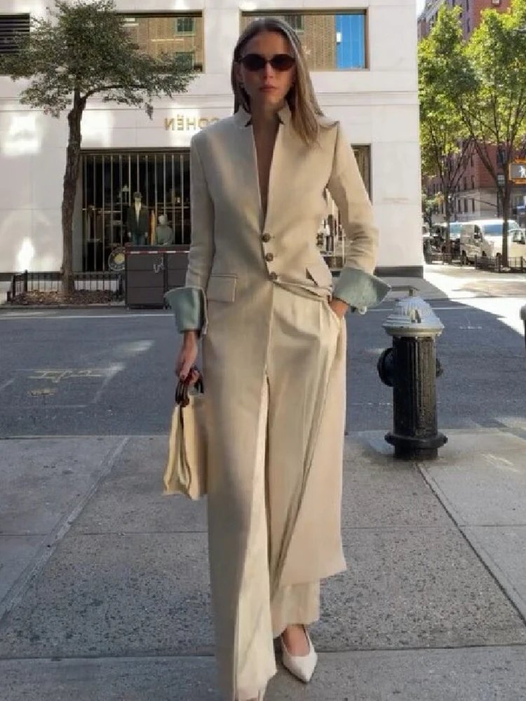 Women Chic Beige Stand Collar V Notch Long Maxi Blazer Coat Single Breasted Outerwear Elegant Office Daily Fall Street Outfit