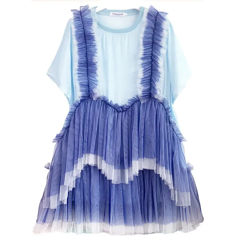 Chique vrouw mesh gesplitste ruches randen T-shirts gaas patchwork geplooide lotus pluizige taart rok zoom nep tweedelige bandjes jurk