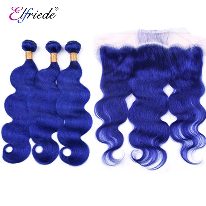 Elfriede #Blue Body Wave Colored Hair Bundles with Frontal 100% Remy Human Hair Sew-in Wefts 3 Bundles with Lace Frontal 13x4