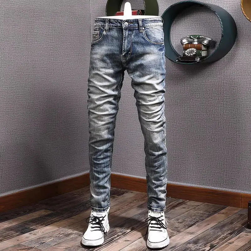 

Newly Designer Fashion Men Jeans Retro Washed Blue Elastic Slim Fit Ripped Jeans Men Trendy Designer Trousers Denim Pants Hombre