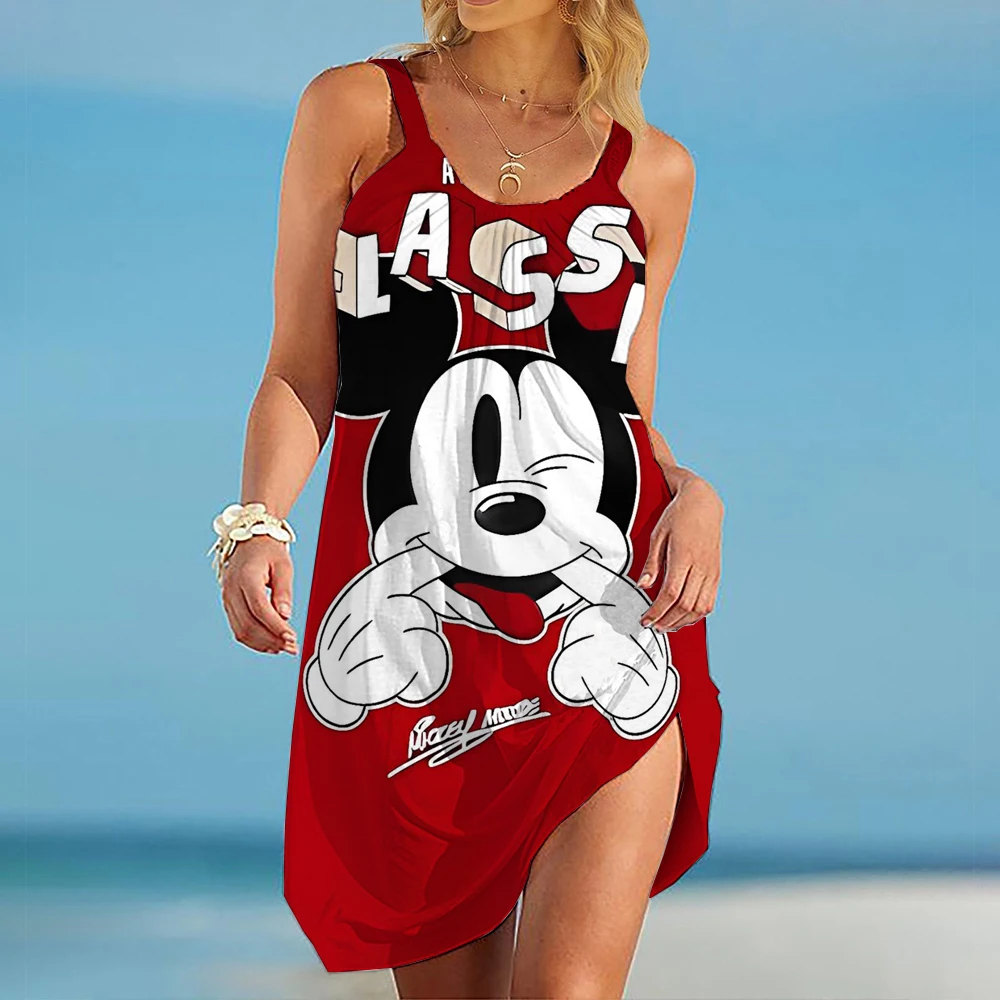 Minnie Mouse Eleganckie Sukienki Dla Kobiet Kobieta 2025 Disney Sukienka Plażowa Mickey Sukienka Moda Top Print Casual Loose Oversized Dyr