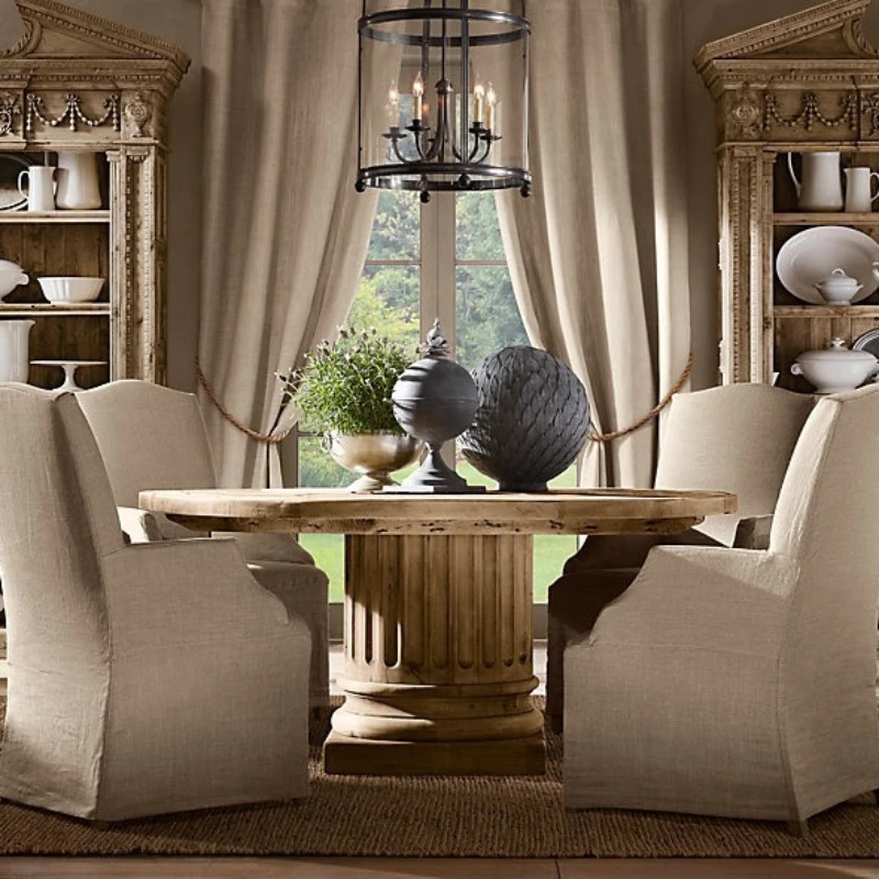 

Rustic retro solid wood furniture round dining table modern oak home dining table