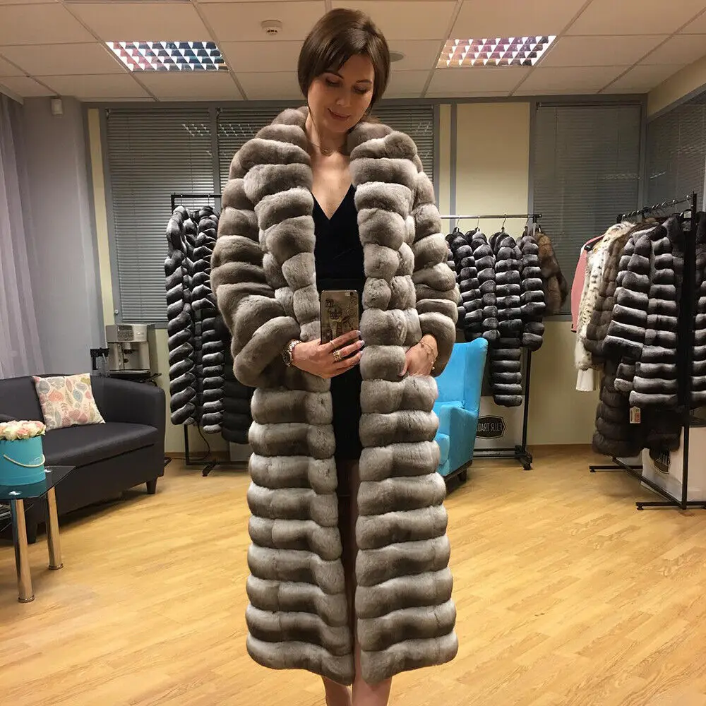 Women Luxury Real Rex Rabbit Fur Shawl Collar Long Coat Winter Warm Chinchilla Jacket Natural Genuine Fur Overcoat