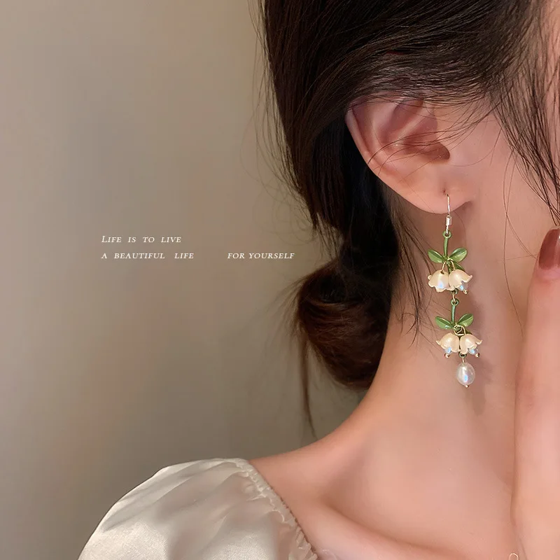 Korean Fashion Lily of The Valley Pearl Green Ear Hook for Women Long Statement Earring Boutique Jewelry Party Wedding Date Gift