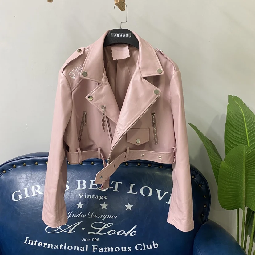 Rosa genuíno eepskin couro motociclista jaet feminino pesado bordado ba tamanho pequeno couro jaet commute sle zíper sve