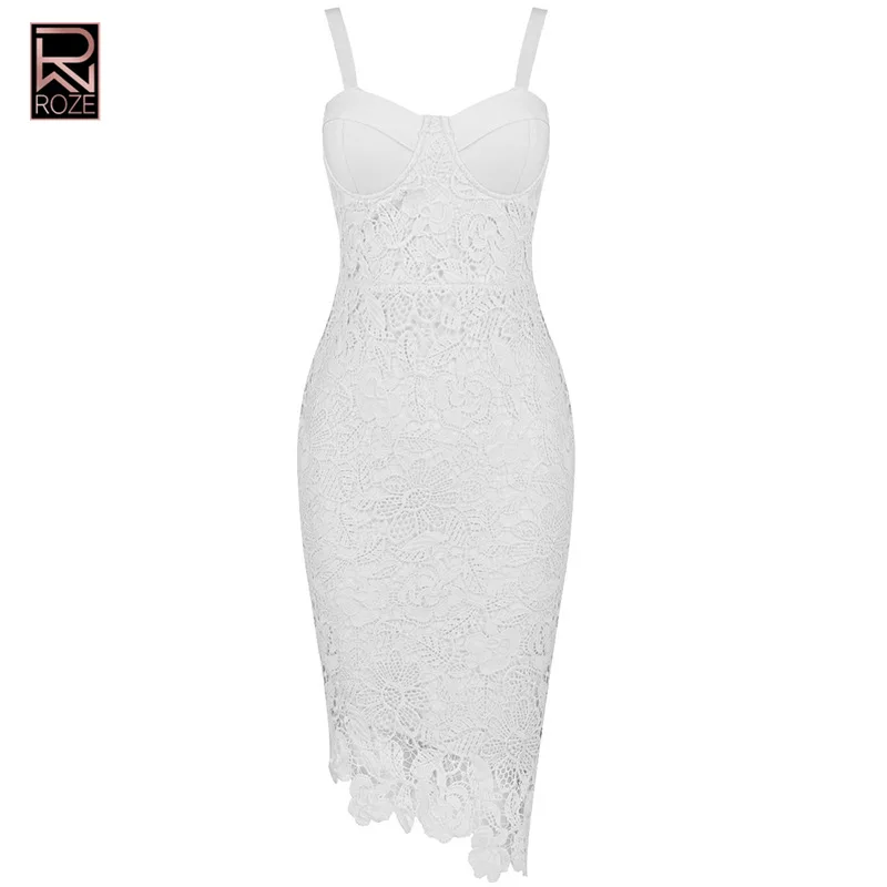 

Sexy Heavy-Duty Strapless Bandage Dress, Fashion Lace Trim Asymmetric Design Elegant Party Gown Slim Fit Midi Dress