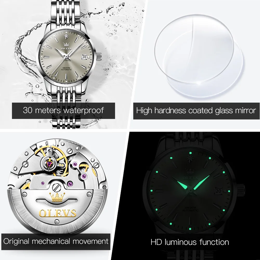 นาฬิกา OLEVS 6635 ของแท้ ระบบจักรกล สำหรับผู้หญิง แบรนด์ดัง ตัวเรือนสแตนเลส กันน้ำ เรืองแสง พร้อมปฏิทิน นาฬิกาข้อมือผู้หญิงสุดหรู