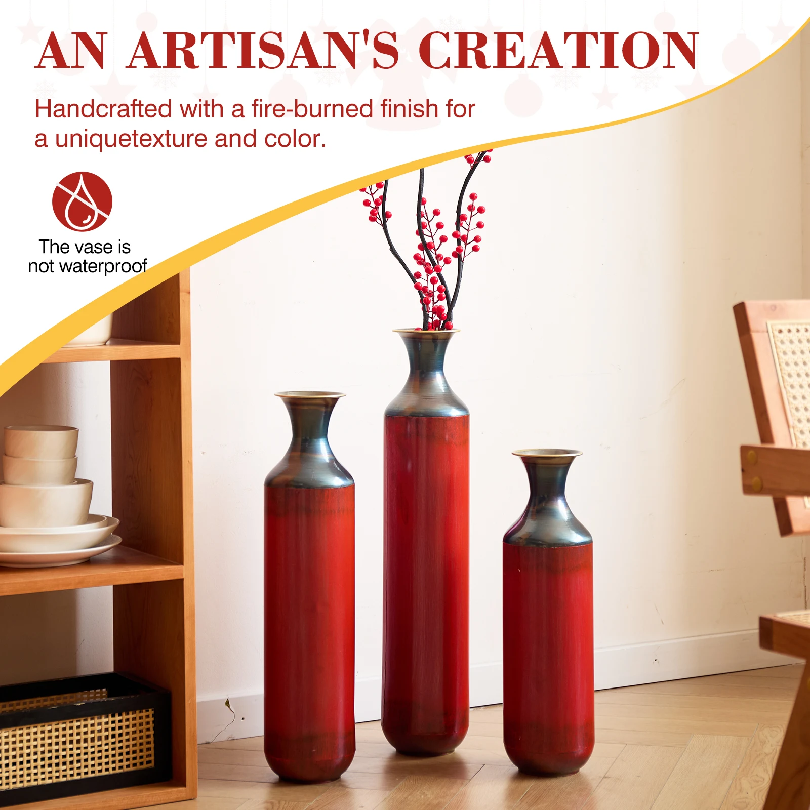 Artisanal Fire-Finished Metal Vases, Set of 3 Tall Rustic Floor Vases, Handcrafted Burned Texture for Modern Farmhouse &