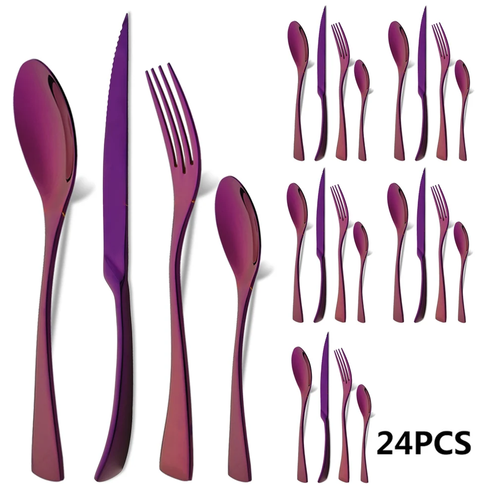 

18/10 Stainless Steel Purple Flatware Set 24Pcs Gold Dinnerware Steak Knife Fork Spoon Teaspoon Cutlery Food Home Tableware Set