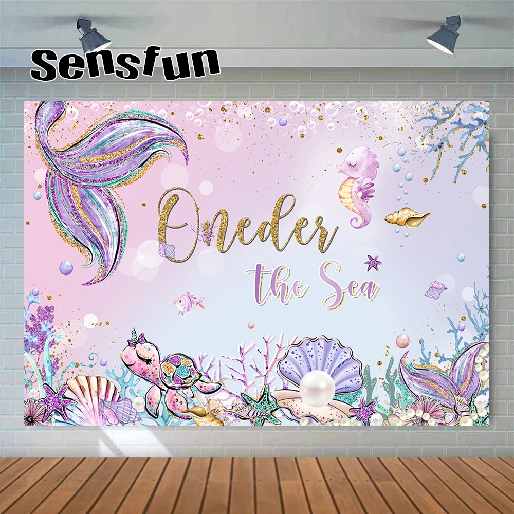 

Pink Purple Tone Little Mermaid Theme Backdrop For Photography Under The Sea Girls 1st Birthday Party Background Table Banner