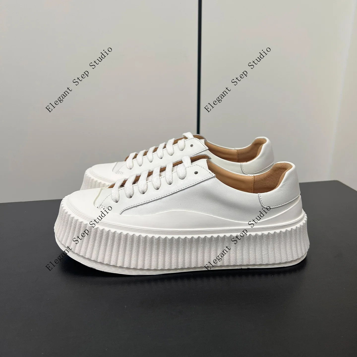Unisex Shoes Leather Platform Sneakers Low-top Lace-up White