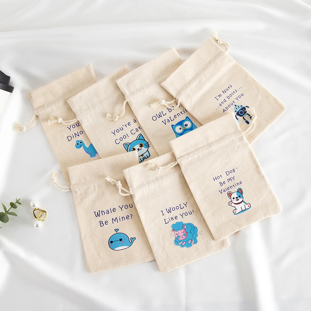 5Pcs Jewelry Drawstring Canvas Bag Muslin Cotton Treat Pouch Candy Gift Linen Pockets for Kids Boy Party Favors Valentine‘ s Day