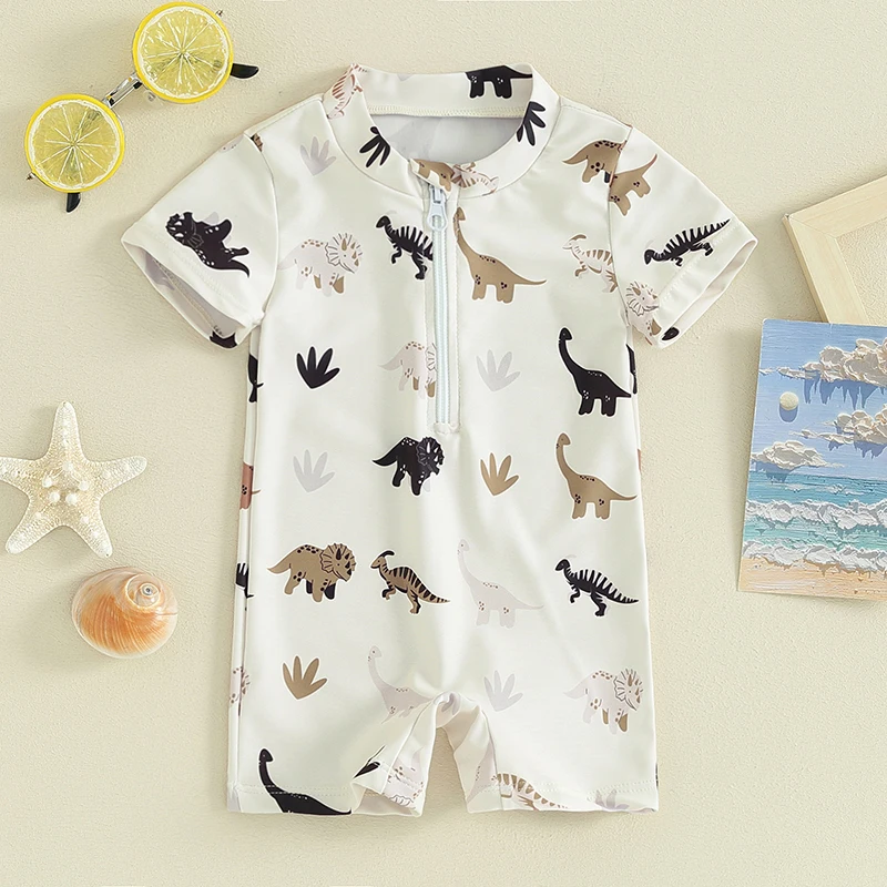 Kids Boys Summer Swimsuit Casual Tree/Dinosaur Print Zipper Short Sleeve Jumpsuit Swimwear Beachwear Bathing Suit