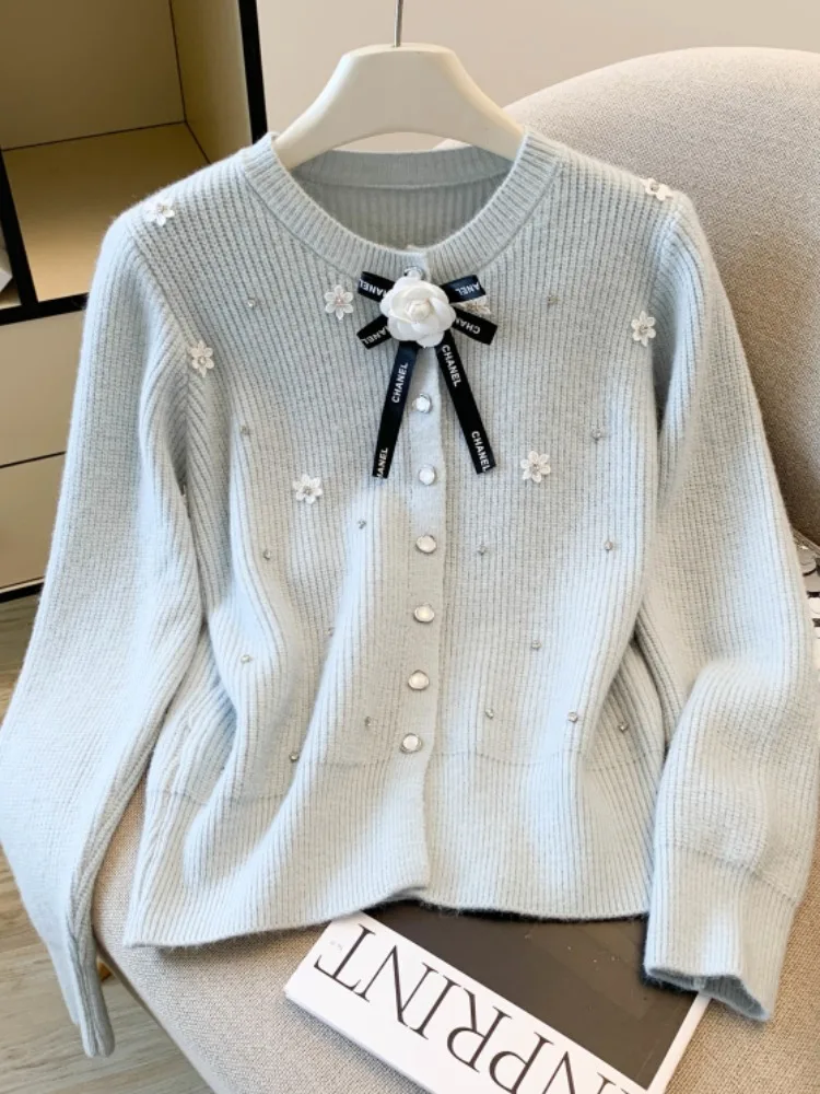 الأحمر محبوك سترة معطف المرأة الخريف الشتاء جديد Sle الماس جزءا لا يتجزأ من ثلاثية الأبعاد زهرة الذاتي مفتاح الراقية سترة محبوكة مفتوحة #2