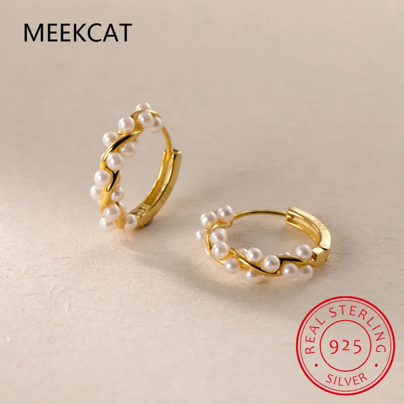 925 Sterling Silver Charm Twine Pearl Hoop Earrings Trendy Gold Color Ear buckle For Women Wedding Fine Jewelry Gifts M03195