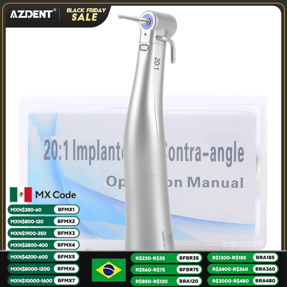 Dental LED Fiber Optic Low Speed Handpiece 20:1 Implant Contra Angle 80N.cm Large Torque Push Button Fit 2.35mm Bur Dentist Tool