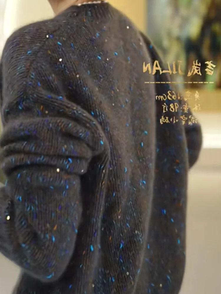 Faionable Long Sve round Ne Maglieria Maglione strato base in misto lana con design a paillettes per le vacanze autunnali invernali