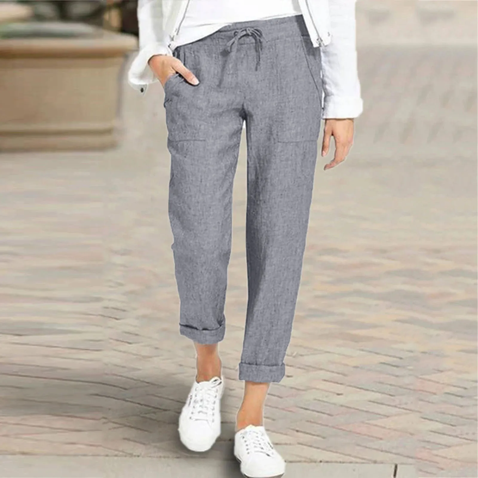 

New Women's Summer Cotton Linen Trousers With Pockets Drawstring Bottoms Straight Pant Harajuku Daily Wear Cropped Pants