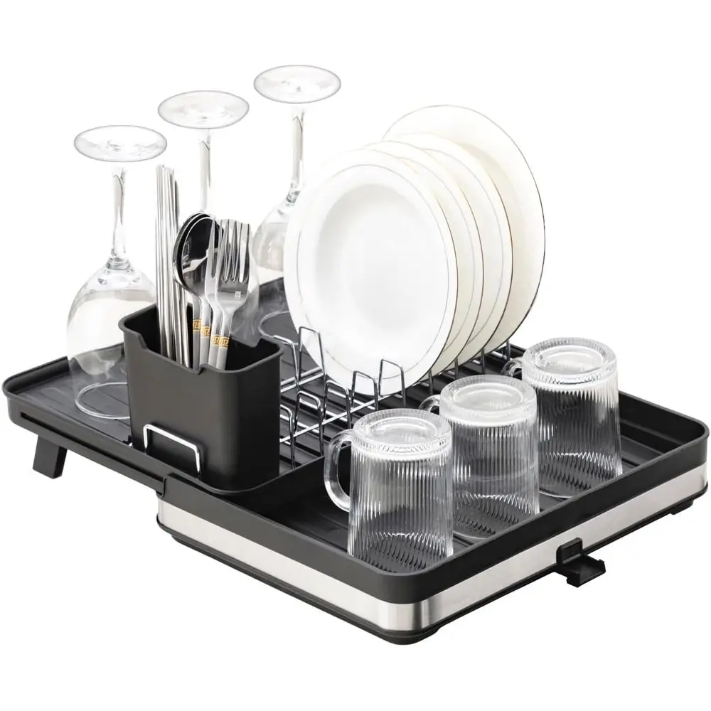 

Раздвижная сушилка для посуды из нержавеющей стали, складная сушилка для посуды с держателем для столовых приборов, многофункциональная компактная сушилка для посуды на столешницу