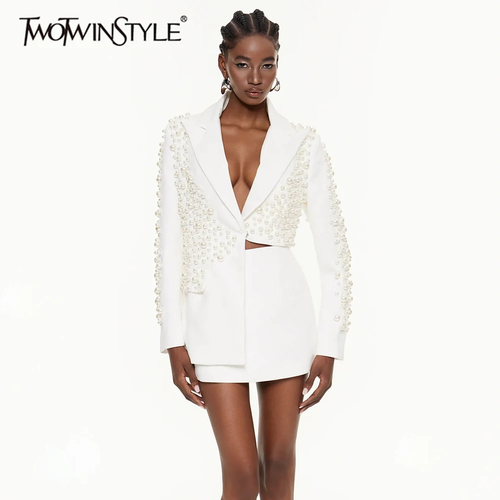 

TWOTWINSTYLE темпераментные комплекты из двух предметов для женщин, лацкан с длинными рукавами, нерегулярный пиджак из бисера, комплект с юбкой с высокой талией, женский комплект