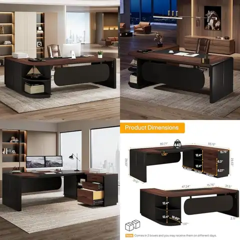 Bureau de direction en forme de L de 80 pouces avec armoire à tiroirs de 55 pouces et étagères de rangement, bureau d'ordinateur moderne