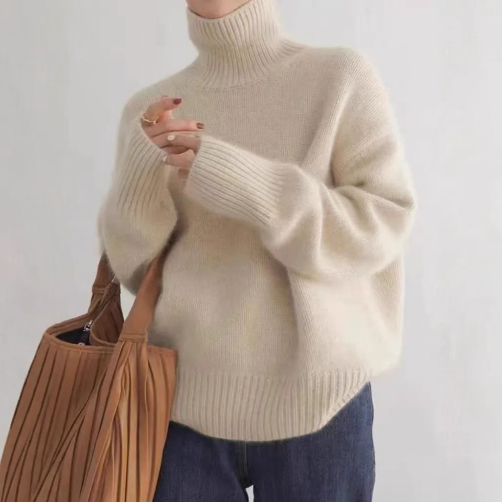 

European American Cross-Border Autumn And Winter Thickened High Neck Women's Loose Versatile Knitted Pullover Sweater Lazy Style