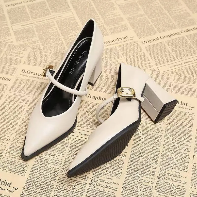 Single Shoes Fashion Pointed Toe Not Tired Feet One Word Belt Soft Sole Non-slip Block Heel Leather Shoes