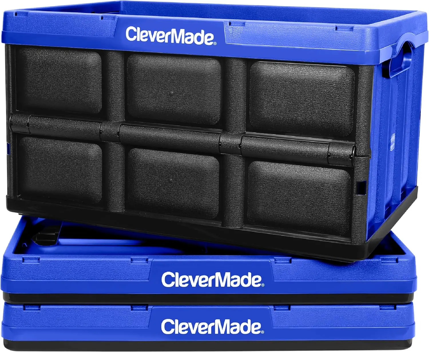 

CleverMade Collapsible Storage Bins - Royal Blue 3 Pack 46L - Stackable Containers Heavy Duty Capacity Folding Crates - Space