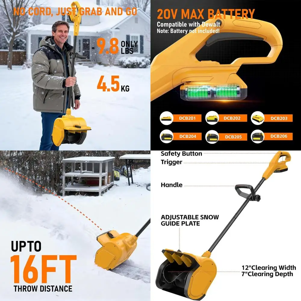 

12 Cordless Electric Snow Blower, 20V MAX Battery Compatible, 16FT Throw, 7 Clear Depth, Ideal for Driveways, Patios, and Decks