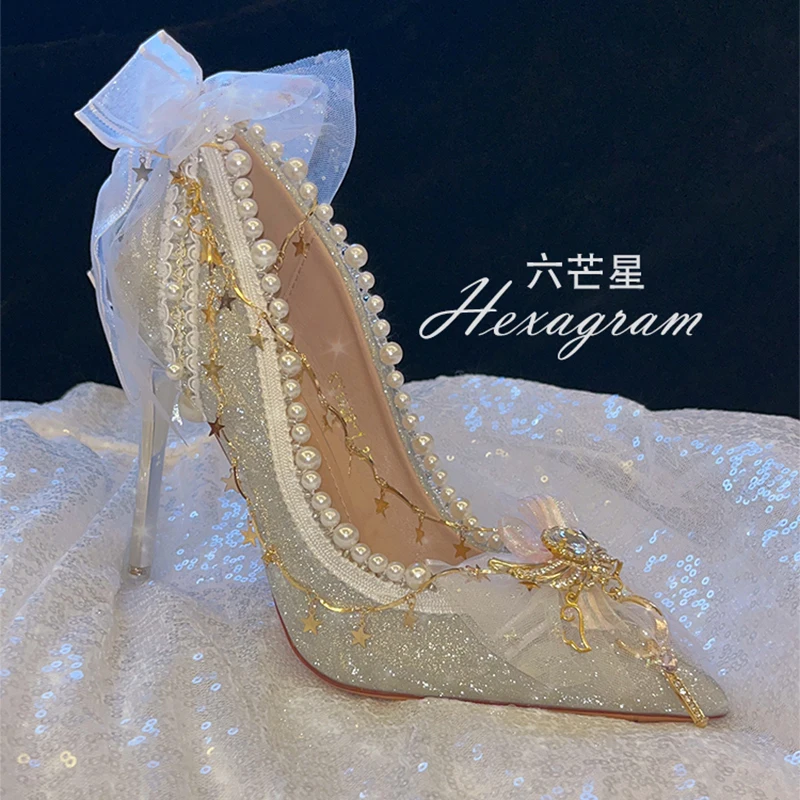 Lolita Elegant Palaca Girl Shoes Noble Party Lace Bowknot Pearls Gems Wedding Pointed Sandals Adult gift crystal high heels
