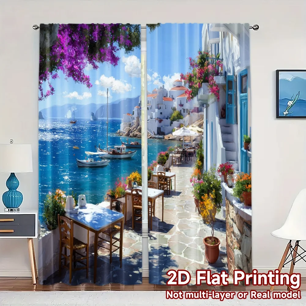 2pcs, 2D FLAT PRINTING Curtains (Without Rod) Seaside Serenity(1) Modern Window Curtain 100% Polyester Curtains Decorations