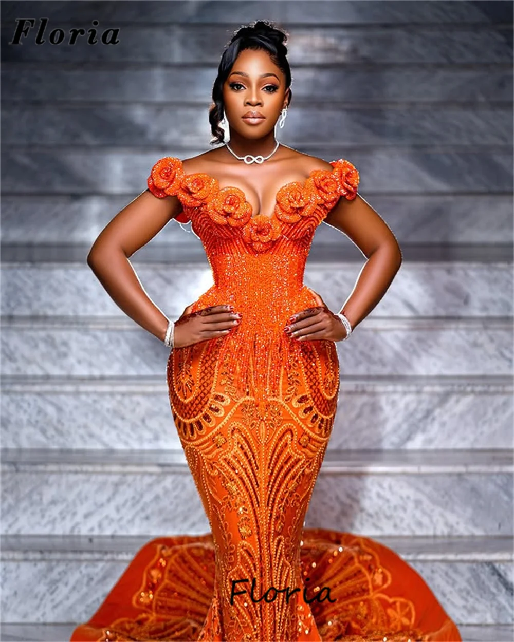 

African Orange Mermaid Prom Dresses Flowers Off Shoulder Evening Dress Aso Ebi Dubai Beaded Engagement Party Gowns Customized