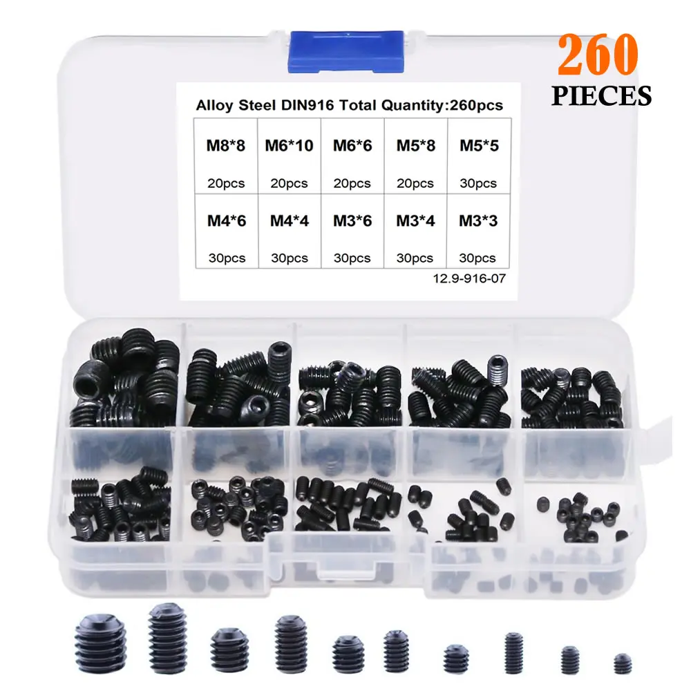 

260PCS Set Screw Grub Screw Kit M3 M4 M5 M6 M8 Black Hex Socket Set Screws Headless Bolt Grade 12.9 Carbon Steel