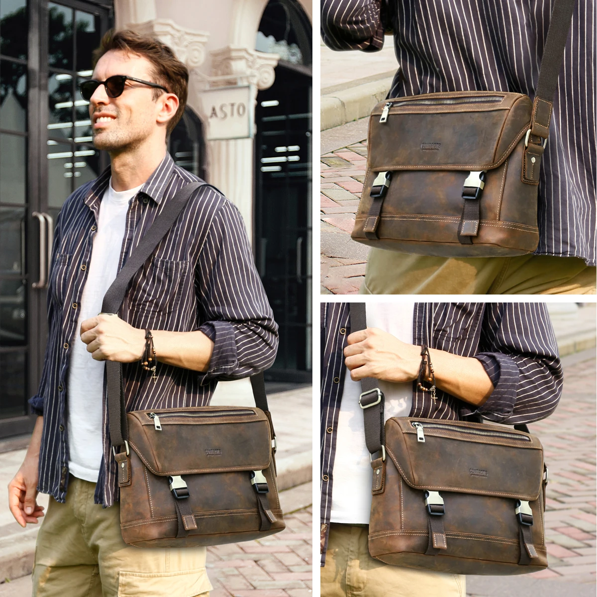 CONTACT\'S Genuine Leather Sling Shoulder Bags Men Vintage Small Briefcase Messenger Crossbody Bags Travel Bag for 12.9\