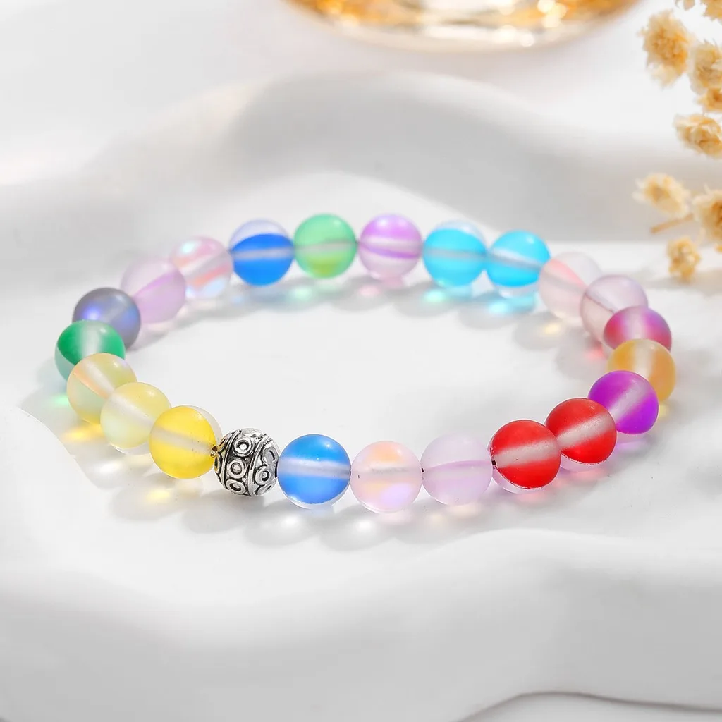 Frosted Moonstone Bracelet Round Natural Crystal Bracelet Bohemian Bracelet Elastic For Gift For Family Outfit Matching Daily